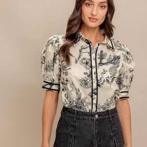 The Meredith Black & Cream Puff Sleeve Blouse – Toile Print with Contrast Trim